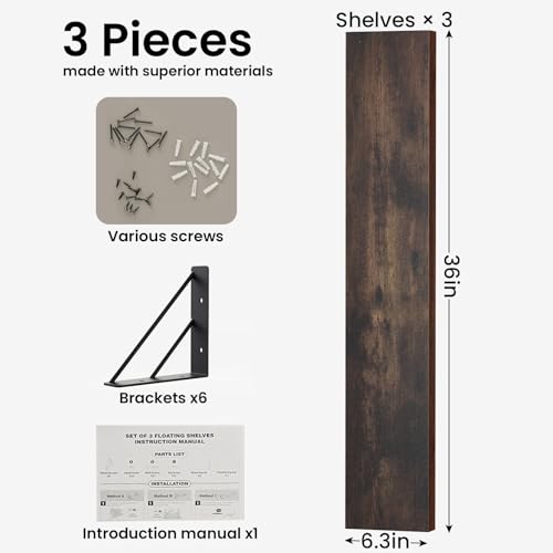 Image of BAYKA Wall Shelves for Bedroom Decor, Floating Shelves for Wall, Display Mounted Rustic Wood Shelf for Books,Plants,Corner Shelves for Bathroom,Kitchen,Living Room(Rustic Brown,36in,Set of 3)