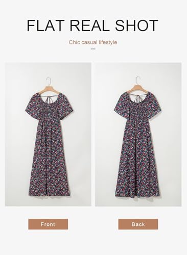 Image of Dokotoo Womens Dresses 2025 Square Neck Tie Backless Summer Dresses Cap Sleeve Floral Buttoned Empire Waist Maxi Dress