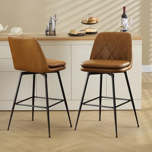 Image of Swivel Bar Stools Set of 2, Swivel Counter Height Bar Stools Set with Metal Legs and Upholstered Faux-Leather Seats, Modern Bar Stool with Back for Kitchen Island (A26 H, Brown)