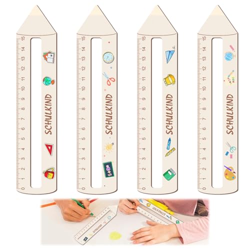 Ntwdby Regla personalizada para escolarización, 4 unidades de ayuda a la lectura para niños de 1 clase, regla de madera de 19 cm, regalo para el comienzo escolar o para la introducción escolar para