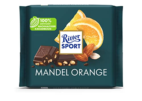 Nuevo diseño: RITTER SPORT almendra naranja 100 g, chocolate negro refinado con almendras y naranja, delicioso chocolate semiamargo con sabor a naranja afrutado