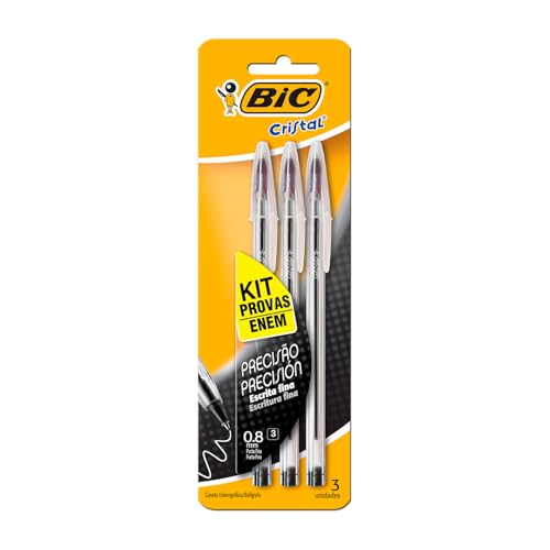 BIC, Kit Enem, Caneta Esferográfica Escrita Fina, Cristal Fina, Preta, 3 Unidades