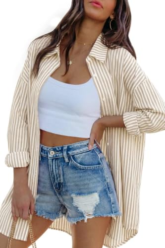 Image of FSHAOES Womens Oversized Button Down Shirts Casual Loose Long Sleeve Solid Lapel Long Blouses Tops with Pockets
