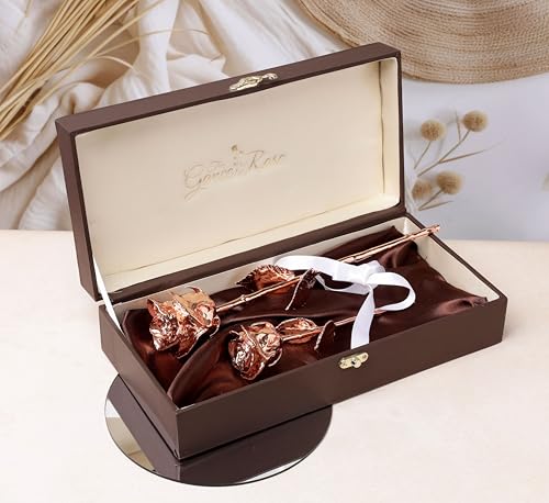 Image of 24K Rose Gold Dipped Handmade Rose with Gift Box, Antique Shiny & Real Preserved Flower for Women Ideal for Birthday, Anniversary, Fathers Day and Easter's Gift (Rose Gold, Combo 7 Inch & 11 Inch)