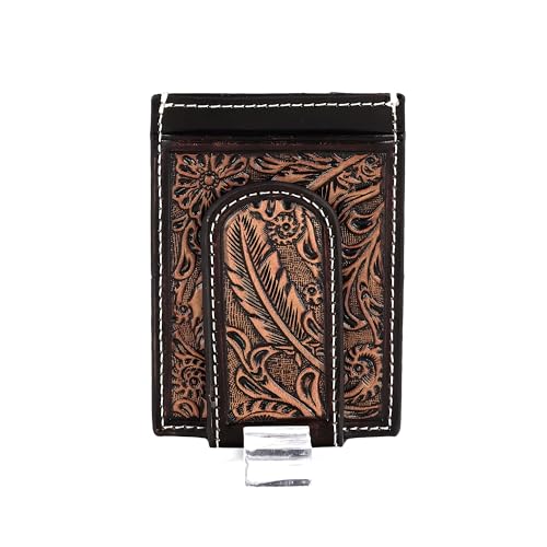 ARIAT Men's Money Clip Wallet - Genuine Leather with Feather Embossed Design, Brown