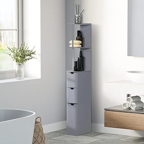 Homcom 54" Tall Bathroom Storage Cabinet, Freestanding Linen Tower With 2-Tier Shelf And Drawers, Narrow Side Floor Organizer, Grey #TOP1