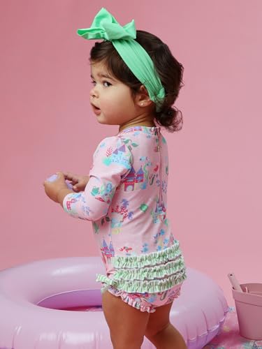 Image of RuffleButts Baby Girls UPF 50+ Sun Protection Floral Printed Long Sleeve One Piece Rash Guard Swimsuit with Zipper