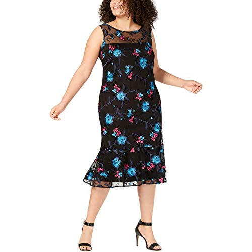 Calvin Klein Womens Black Embroidered Floral Sleeveless Illusion Neckline Tea-Length Sheath Formal Dress Size 20W
