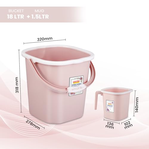 Image of RATAN PLASTICWARE Premia Bathroom Set (Bucket 5L X 1) + (Bucket 18L X 1) + (Mug 1.5L X 1) + (Small Stool X 1) - Diaso Pink|Easy to Carry | Perfect for Use in Bathrooms, Kitchen & Wet Utility Areas