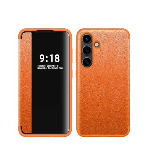 Coque Samsung S24 translucide à rabat magnétique orange avec fenêtre de vue active