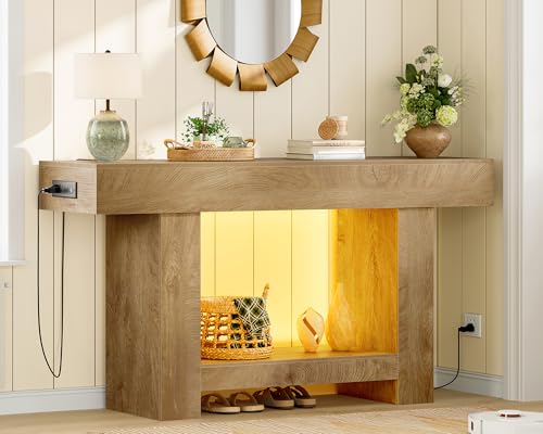 Image of 63 inch Entryway Table with Smart RGB Lights and Charging Station, Narrow Console Table with App-Controlled and Music Sync, Farmhouse Entry Way with Open Storage for Living Room, Hallway, Behind Couch