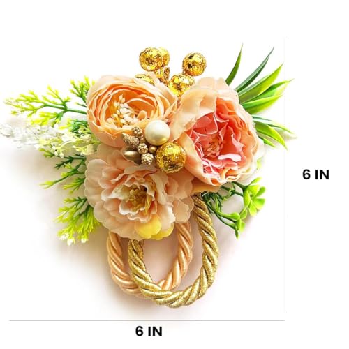 Image of ADIKALA Handmade Artificial Big Peonies 3 Flower Bunch for Trousseau Packing, Ready to use Flower Brooch Hamper for Decoration, Gift Wrapping Flowers (6, Peach)