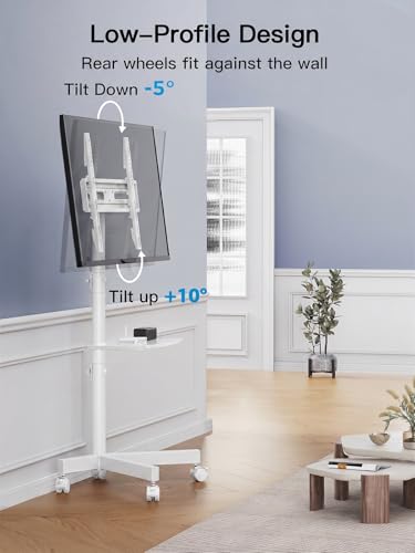 Image of PERLESMITH Rolling White TV Stand for 23-65 Inch TVs up to 99 lbs, Portable TV Stand on Wheels with Height Adjustable Shelf, Outdoor Mobile White TV Cart for Bedroom, Max VESA 400x400mm, PSTVMC04W