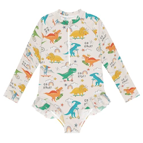 CaTaKu Girls One Piece Swimsuit Dinosaurs Bicycle Bathing Suit Long Sleeve UPF 50+ Rash Guard Swimwear 3-12Y
