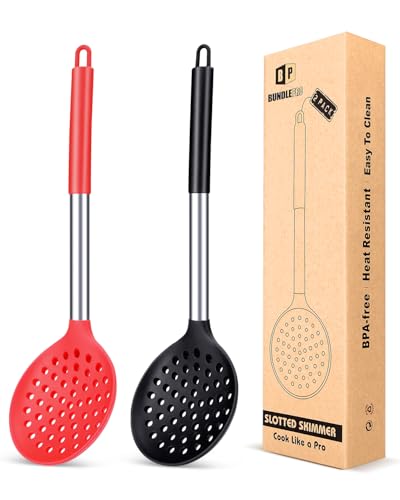 Paquete de 2 cucharones de cocina, cuchara ranurada grande con alta resistencia al calor, espumadores antiadherentes sin BPA para escurrir y freír (negro-rojo)