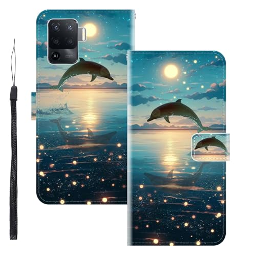 WUACYEAMING Funda para OPPO Reno5 Lite,con Soporte/Ranura de Tarjeta Cubierta Premium Magnético Suporte TPU Protectora Fundas PU Cuero Flip Multifuncional Delfines