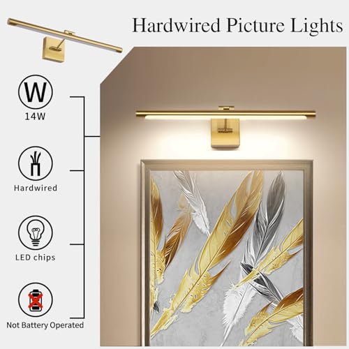 Image of LED Picture Light Fixtures 24.4 Inches, Full Metal Artwork Wall Lamp with Single Swing Arm, 14W (70W Eqv.), Hardwired Connection, Dimmable, 3000K Warm White, CRI95+, Golden-Like Brass Finish