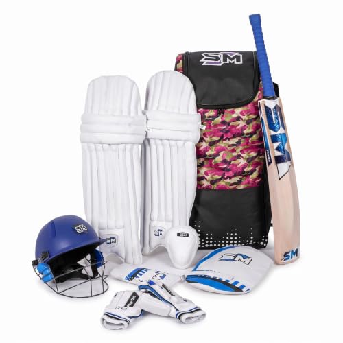Image of SM Origin Complete Cricket Kit for Men | Cricket Set | 8-Piece: Kashmir Willow Bat + Helmet + Pads + Gloves + Kit Bag + Thigh + Arm + Abdominal Guard | Beginner Starter Kit | Club & Academy | Size SH