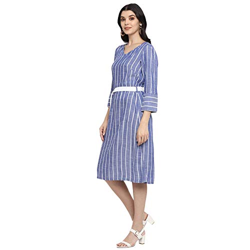 Image of DEEBACO Women's Shift Midi Rayon Printed Striped Dresses for Women 3 /4Th Sleeves V-Neck Straight Dresses for Girls with Belt (Blue)