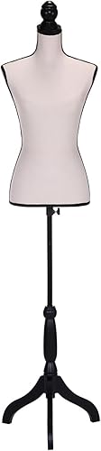Miniatura 4 de Maniquí femenino Torso vestido forma maniquí cuerpo modelo con trípode madera soporte 51.2-66 pulgadas altura ajustable, beige