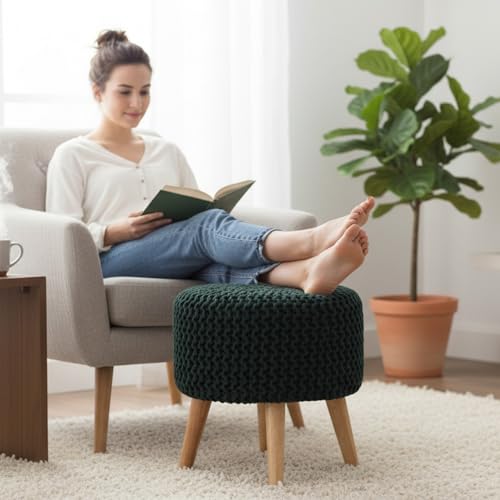 Image of Ottoman Foot Rest Puffy, Cotton Dori Ottoman for Home Decor, Solid Wood Legs Dressing Stool, Footstool Puffy for Living Room & Office Room | 16x17 Inch, Set of 2, Dori Green-Beige