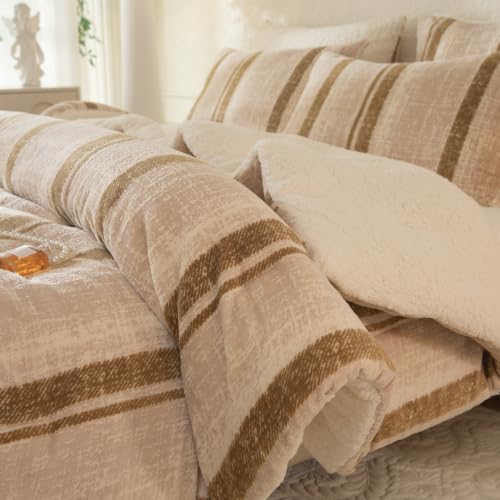 Image of Tufted Fleece Comforter Set King- Super Soft Warm Fluffy Shaggy Bedding Sets, Striped Jacquard Bed Set for Winter, 1 Sherpa Comforter with 2 Pillow Cases (104 inchX90 inch Khaki Striped)