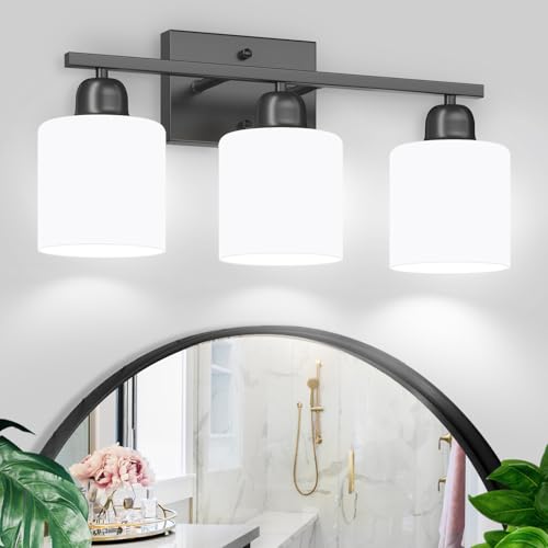 Image of 3-Light Bathroom Light Fixtures, Black Bathroom Vanity Lights with Milky White Frosted Glass Shades, Black Vanity Light for Bathroom Mirror, Bedroom, Living Room, Vanity Table, E26 Base