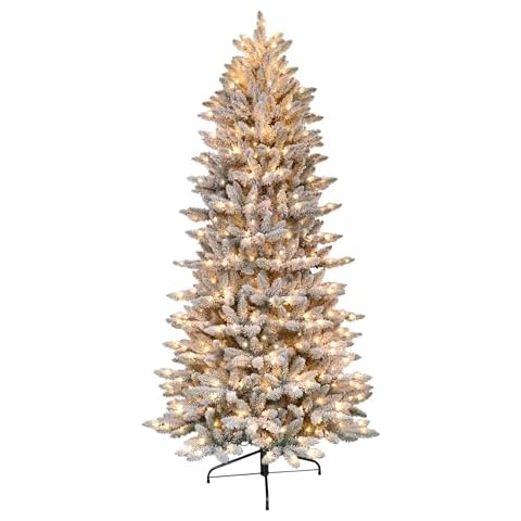 Puleo International 7.5 Foot Pre-Lit Slim Flocked Fraser Fir Artificial Christmas Tree with 500 UL Listed Clear Lights Cover