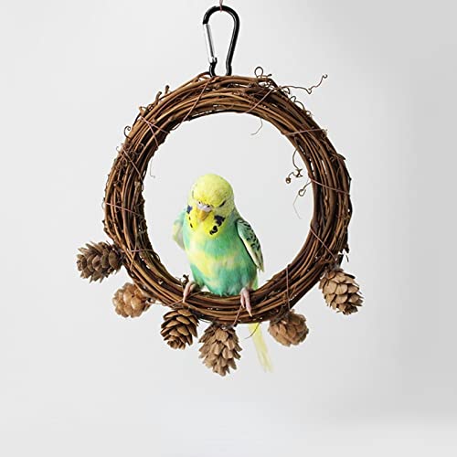 Hanging Bird Cage Swing Toy Natural Wood Parrot Perch Swing Hanging Bird Perch with Stand Small Wood Bird Toys Cockatiel Cage Accessory for Finch Budgie Conure (Without Lotus Flower)