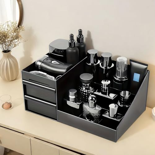 Mens Perfume Organizer, Mens Cologne Organizer,Countertop Organizer With Drawers for Cologne, Deodorant, Beard, Shaving Lotion, Perfume & Skincare - Perfect for Bathroom & Bedroom Storage (Black)