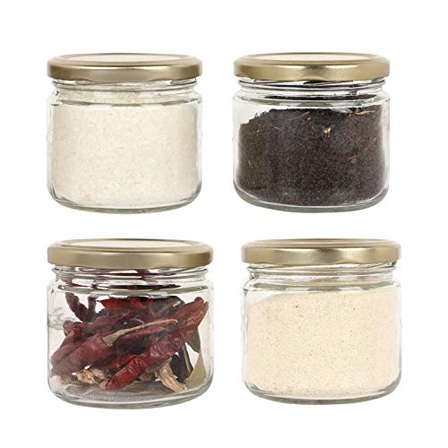 PFURE SOLUTION Glass Jar Container for kitchen storage 150 gram / (250-350 ml) with rust proof airtight Golden Lid SET of 4 (Round).Useful for Containing :Jams,Pickle,Honey ,ghee,Oils ,spices,Masala,Achar.