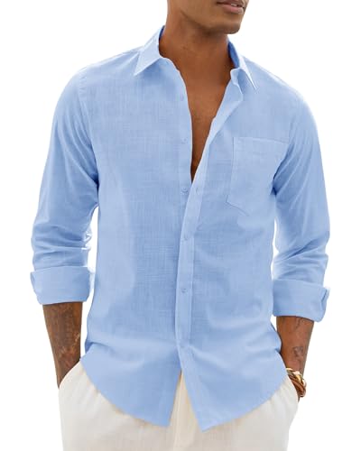 Alimens & Gentle Mens Cotton Linen Textured Shirt Long Sleeve Button Down Shirts Casual Summer Beach Wedding Tops with Pocket Blue Large