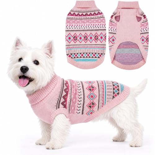 Image of IECOii Winter Dog Jumper,Fair Isle Knitted Sweater,Warm Turtleneck,Pink,M