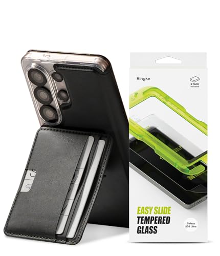 Verre trempé Samsung S26 Ultra et coque portefeuille magnétique en cuir noir avec support