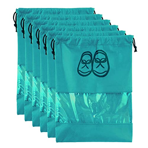 Kuber Industries Shoe Cover for Traveling|Non Woven Drawstring Bag|Shoe Bags for Shoes, Slipper, Heels|Transparent Window|Pack of 6 (Sky Blue)