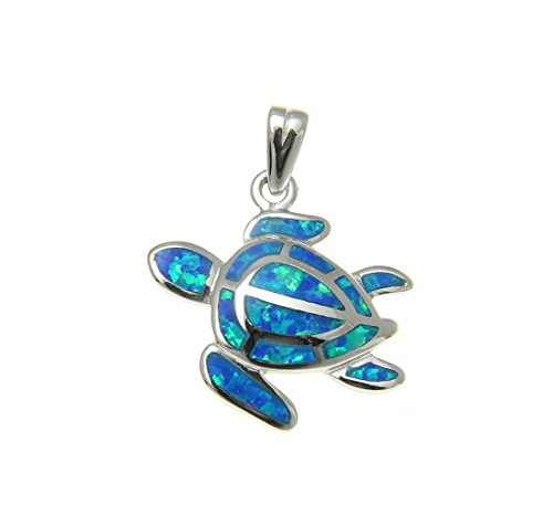 Arthur's Jewelry 925 Sterling silver Hawaiian honu sea turtle blue synthetic opal pendant charm 15mm