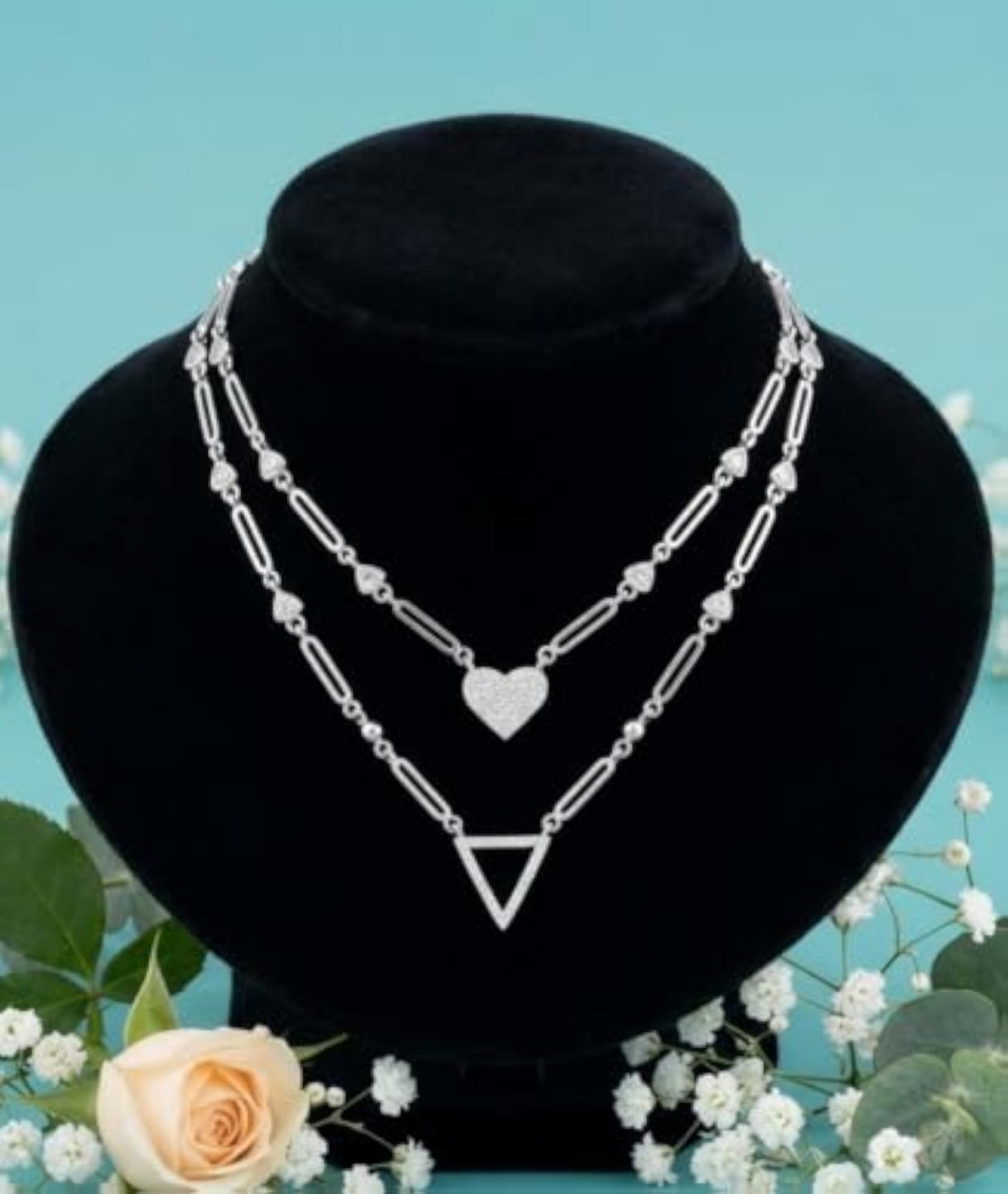 Women's Sterling Silver 925 Layered Heart Triangle Necklace