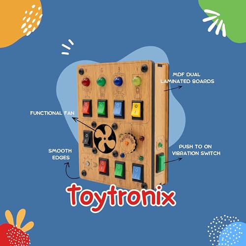 Image of Wooden Busy Board for Toddlers 1-4 Years | Rechargeable Sensory Toy with LED Lights, Fan, Vibration & Buzzer | Montessori Activity Learning Toy for Kids