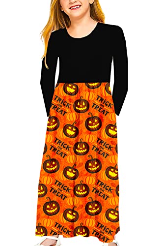 Image of Kids Girl Halloween Pumpkin Dress Party Funny Long Sleeve Jack O Lantern Orange Dresses 9-10 Years