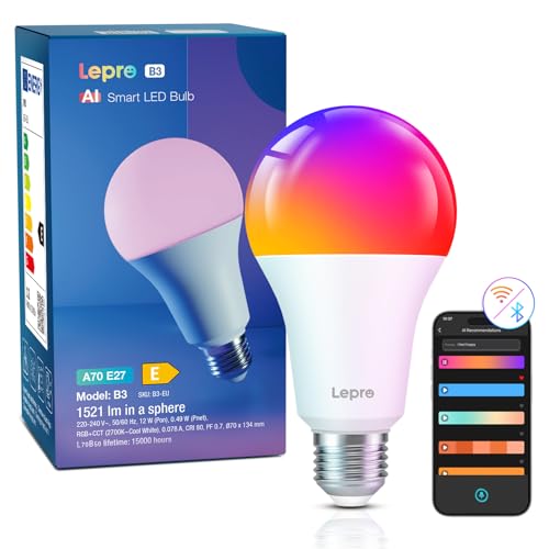 Lepro AI Smart Bulb E27, 1520LM Colour Changing Light Bulb, 12W(100W) WiFi Bulbs, Voice Control, Schedule & Timer, Work with Alexa & Google Assistant,