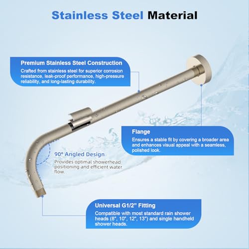 Hibbent 16 Inch All Metal Shower Extension Arm, Extra Long Stainless Steel Rainfall Shower Arm Water Outlet with Flange, Wall Mounted Shower Head Extender, Brushed Nickel - image 2