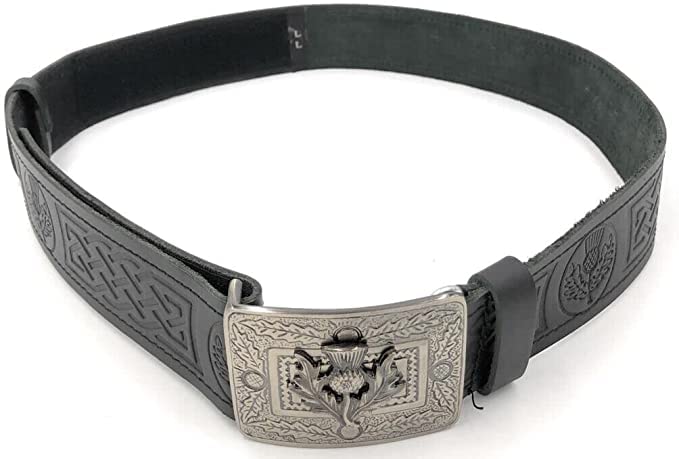Black premium leather kilt belt with an adjustable antique pewter thistle buckle - 2 piece Set