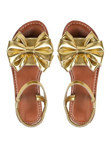 Image of GORGLITTER Women's Bow Flat Sandals 2026 Dressy Cute Ankle Strap Slides | Summer Shoes for Women 2026, Slip On Open Toe Flats, Slingback Slides, Vacation Dress Sandals