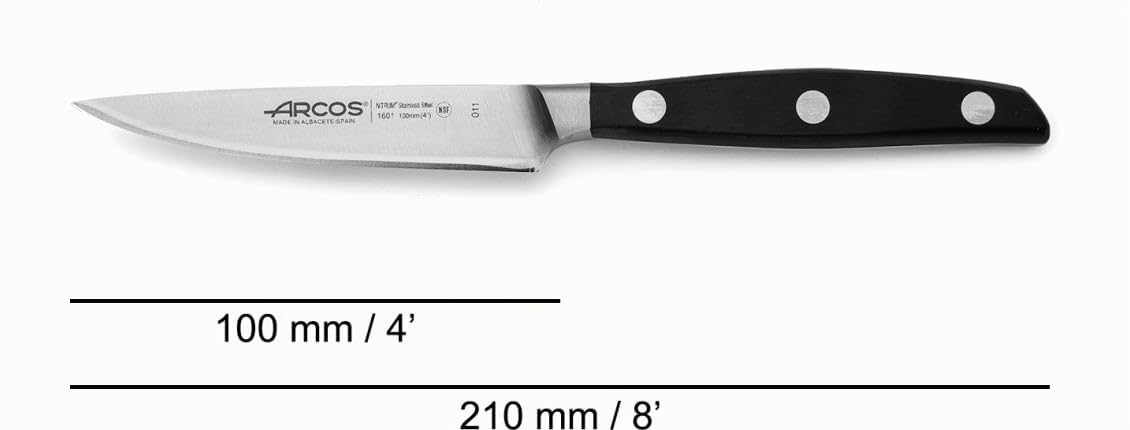 Arcos Serie Manhattan - Juego de Cuchillos de Cocina de 3 piezas (Cuchillo Mondador + Cuchillo Tomatero + Cuchillo de Chef) - Acero Inoxidable Forjado NITRUM - Mango de Polioximetileno (POM) - Negro
