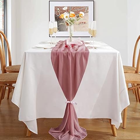 Table Runner, Dusty Pink Chiffon Table Runner 28 x 118 Inches Romantic Wedding Table Decoration for Wedding, Birthday, Baby Shower, Christening, Christmas, Bridal Shower, Table Cover Dressing Cover
