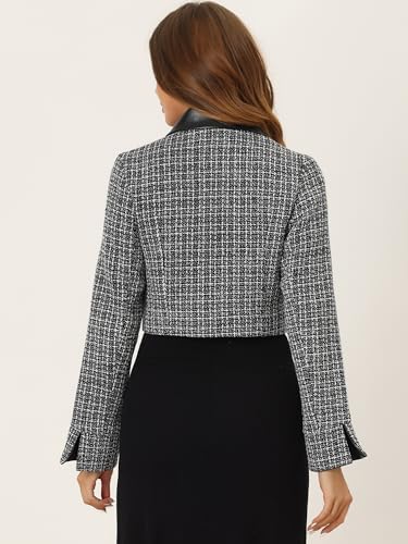 Allegra K Tweed Plaid Blazer for Women's Contrast Collar Double Breasted Vintage Cropped Jackets3