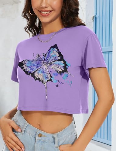 Image of Womens Summer Crop Tops Short Sleeve Round Neck T-Shirts Loose Fit Casual Blouse 2026