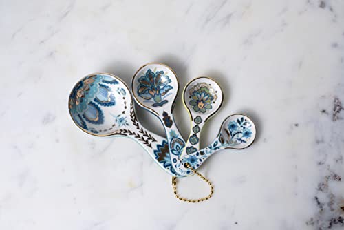 Mary Disomma’s Ceramic Measuring Spoons (Set Of 4) | Unique Signature Floral Print Design For Each, Gold Overlay, Teal, Blue, Robin’s Egg Blue, Lime Green, Metallic Gold Chain, Boxed Gift Set #TOP3