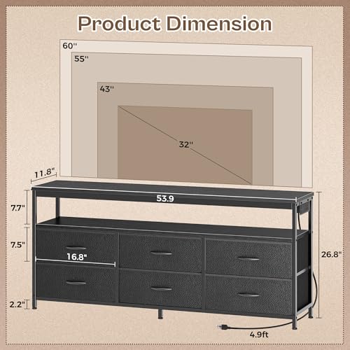 Huuger LED TV Stand for Bedroom, 55 Inch Fabric Dresser with Power Outlets, Entertainment Center for 60, 55, 50 Inch TV, 6 Drawer Dresser for Bedroom, Chest of Drawers with Shlef, PU Leather, Black