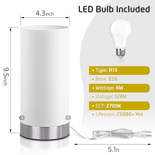 Kukobo Bedside Table Lamp for Bedroom, 3 Way Dimmable Touch Control Table Lamps for Nightstand, Modern Desk Lamp with Glass Lamp Shape, 2700K 6W Bulb Included(Nickel).